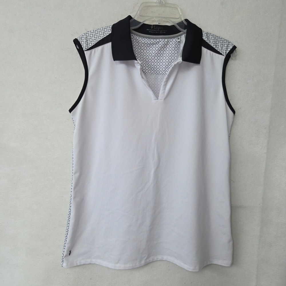 Nancy Lopez Delux Dri Womens Sleeveless Golf Polo White Black Geometric‎ L421104